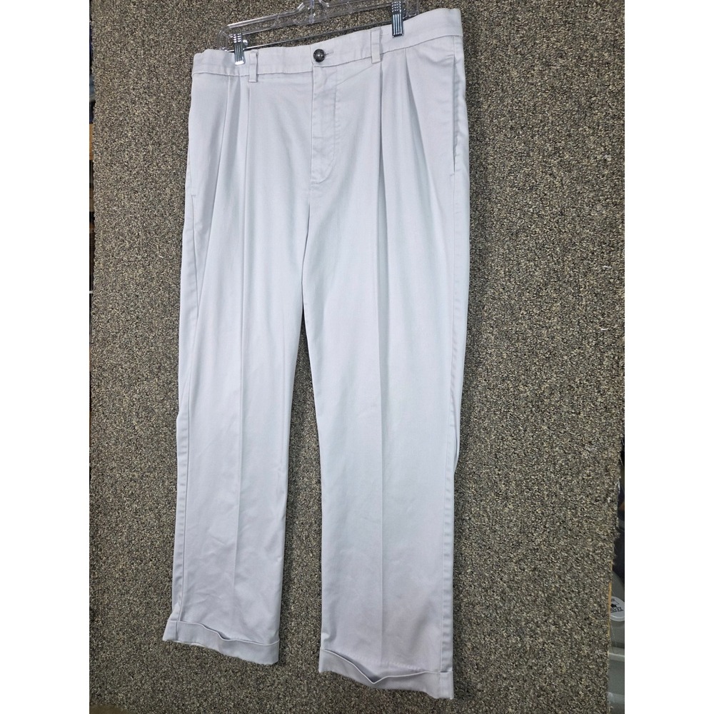 Roundtree & Yorke Total Flex Pants Mens 36x30 Gray Pleated Cuffed Chinos - Picture 3 of 8